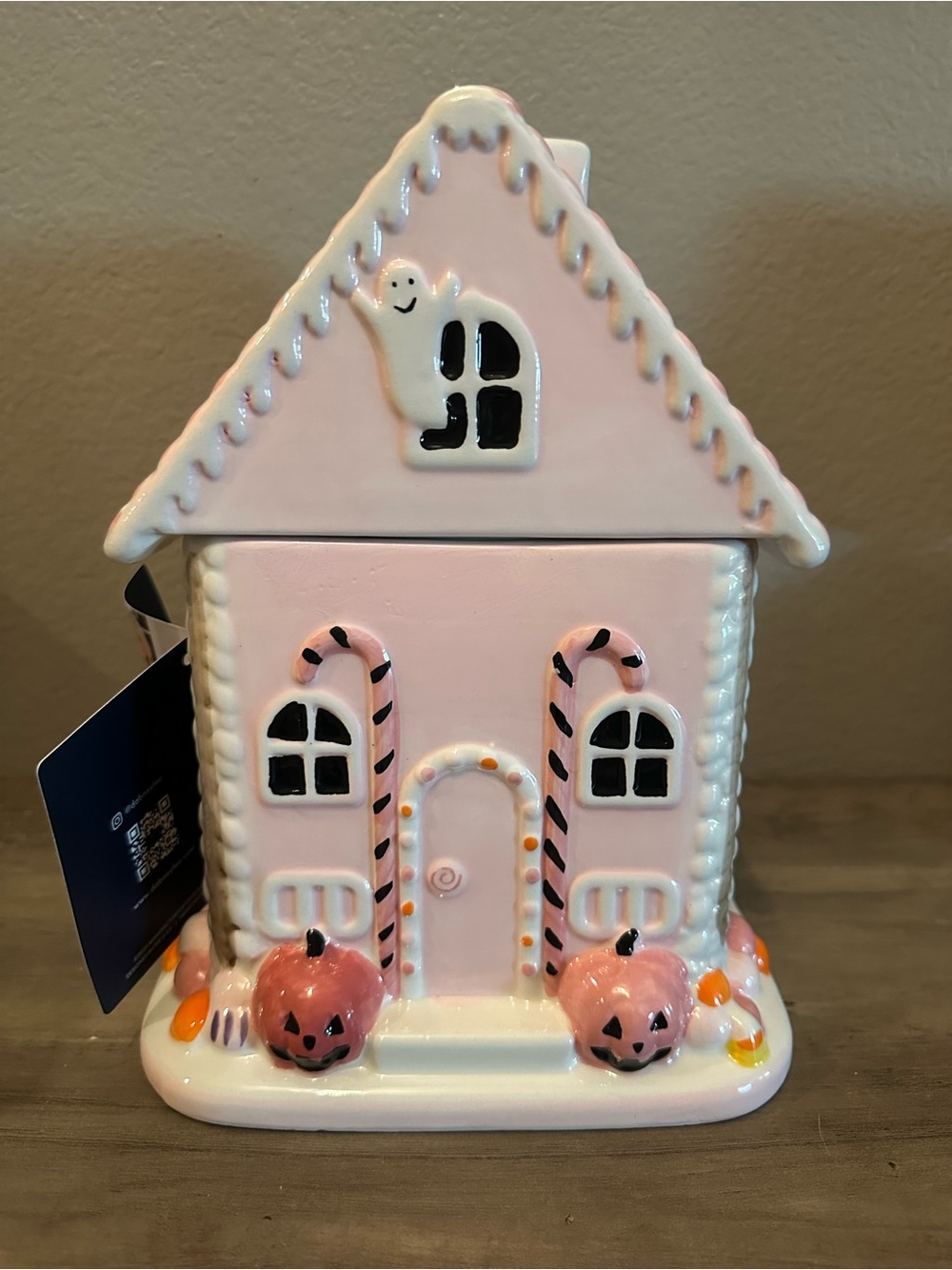 Pink Gingerbread House Halloween Canister With Candy Corn, Ghost & Pumpkin